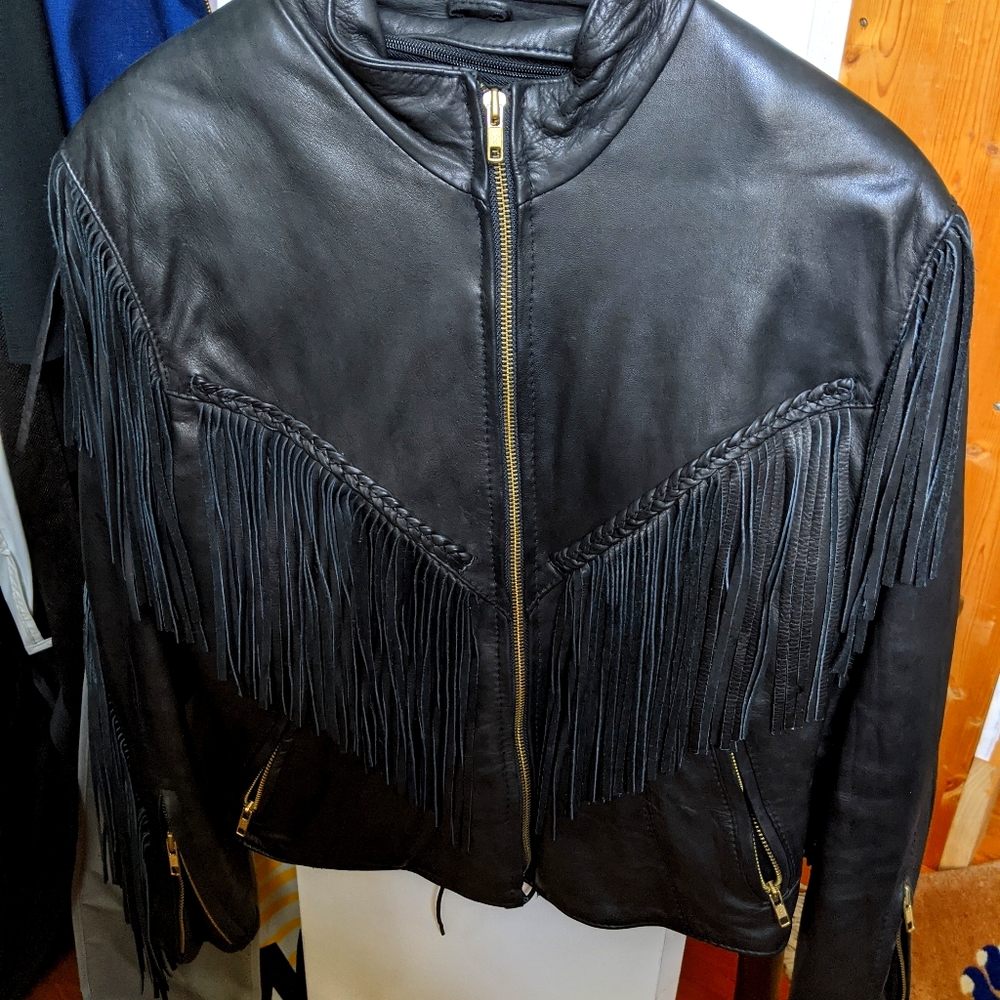Motorcycle jacket, black leather, fringe